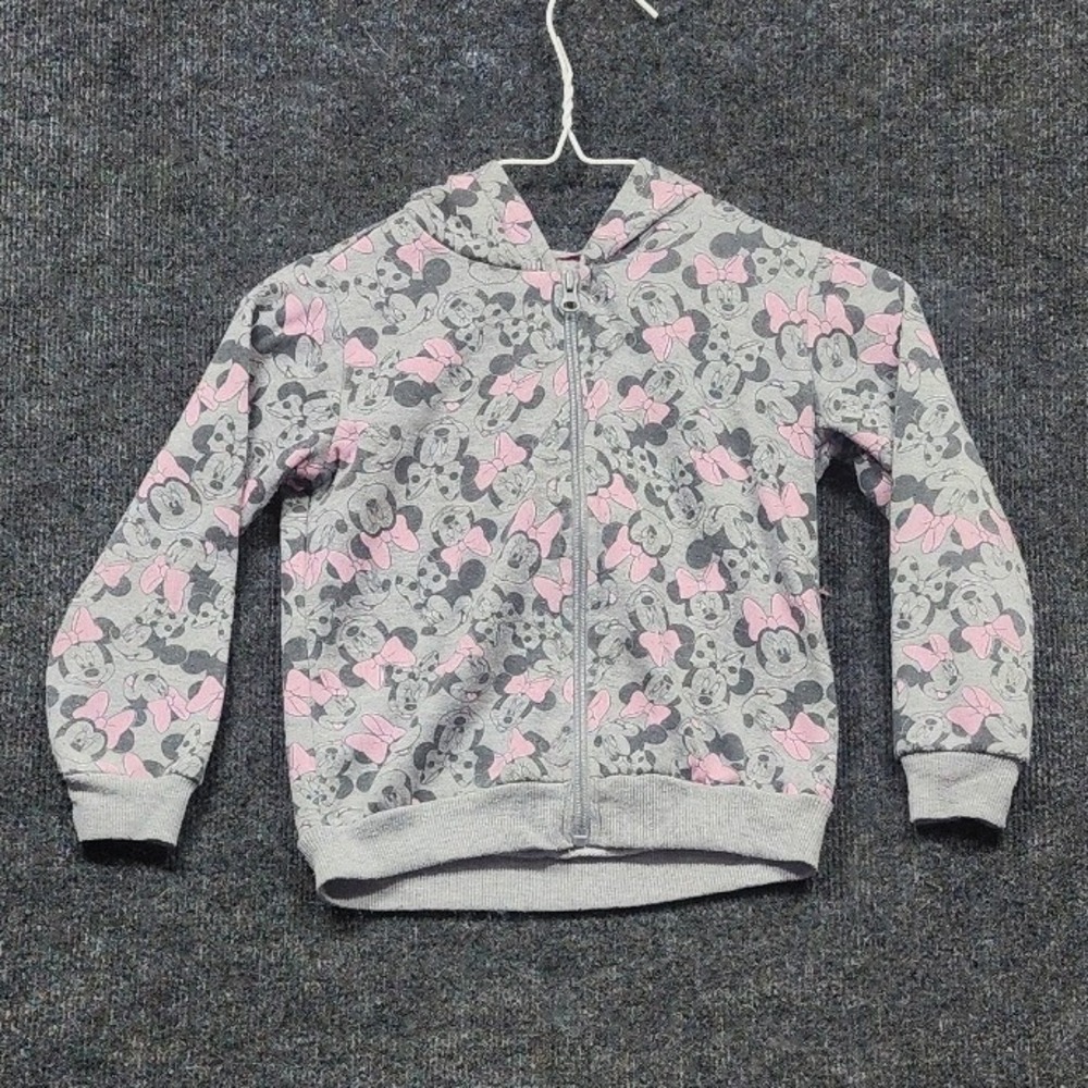 Disney Minnie Mouse Hoodie Kids Size 6 Grey Pink Excellent Zip Up Sweatshirt